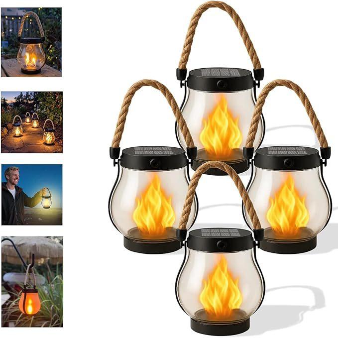 Solar Flame Light Flickering Flame Retro Lantern Outdoor Waterproof Garden Lamp USB & Solar Charging for Yard Patio Fence Decor