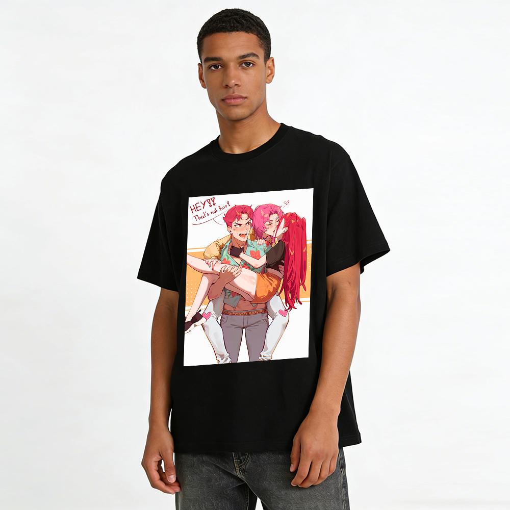 Funny Anime Three-Person Interaction Print Top Trendy Unisex T-Shirt With Jealous Scene Pure Cotton T-shirt