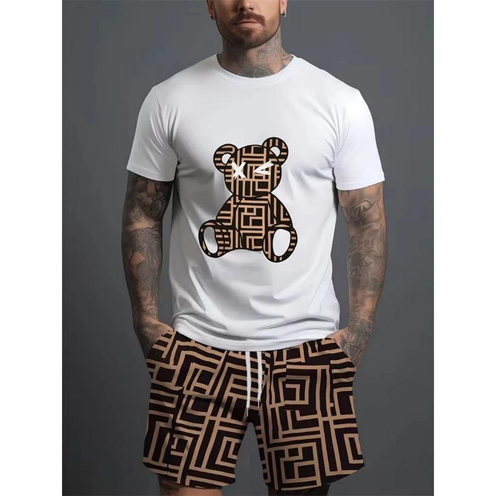 Men's Daily Casual Set Outdoor Casual Men's Beach Shorts Urban Trend Bear Print Short Sleeved T-shirt Lightwe