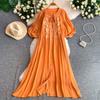 Slack style elegant lace-up round neck lantern sleeve dress women's summer loose belly cover and thin retro embroidery dress