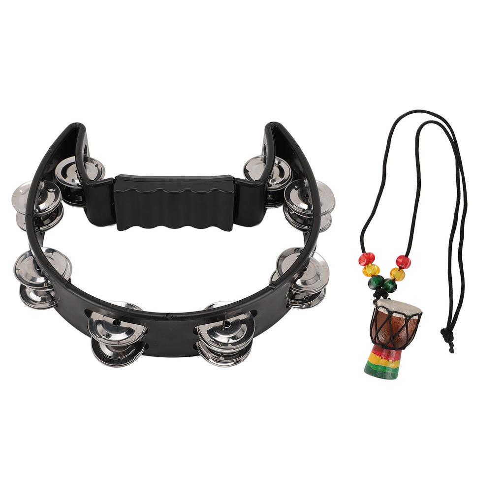 Handheld Tambourine with Hanging Decor Metal Bells Half Moon Drum Black Hand Percussion Instrument for Party Dance