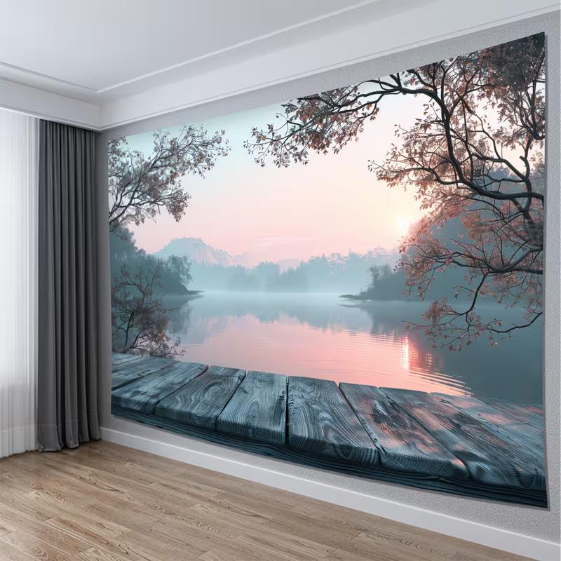 2D Printed Swedish Lake Scenery Backdrop, Wooden Deck & Foggy Forest Photo Background for Party & Studio