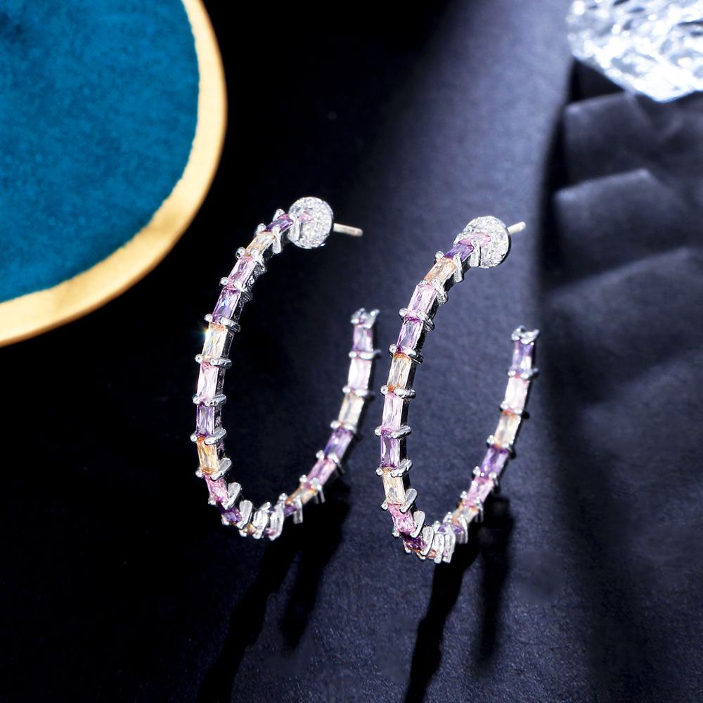 Chic Ear Jewelry Silver Plated Double Sided CZ Cubic Zirconia Bamboo Shape Hoop Earrings for Women Prom Wedding Dress Accessory