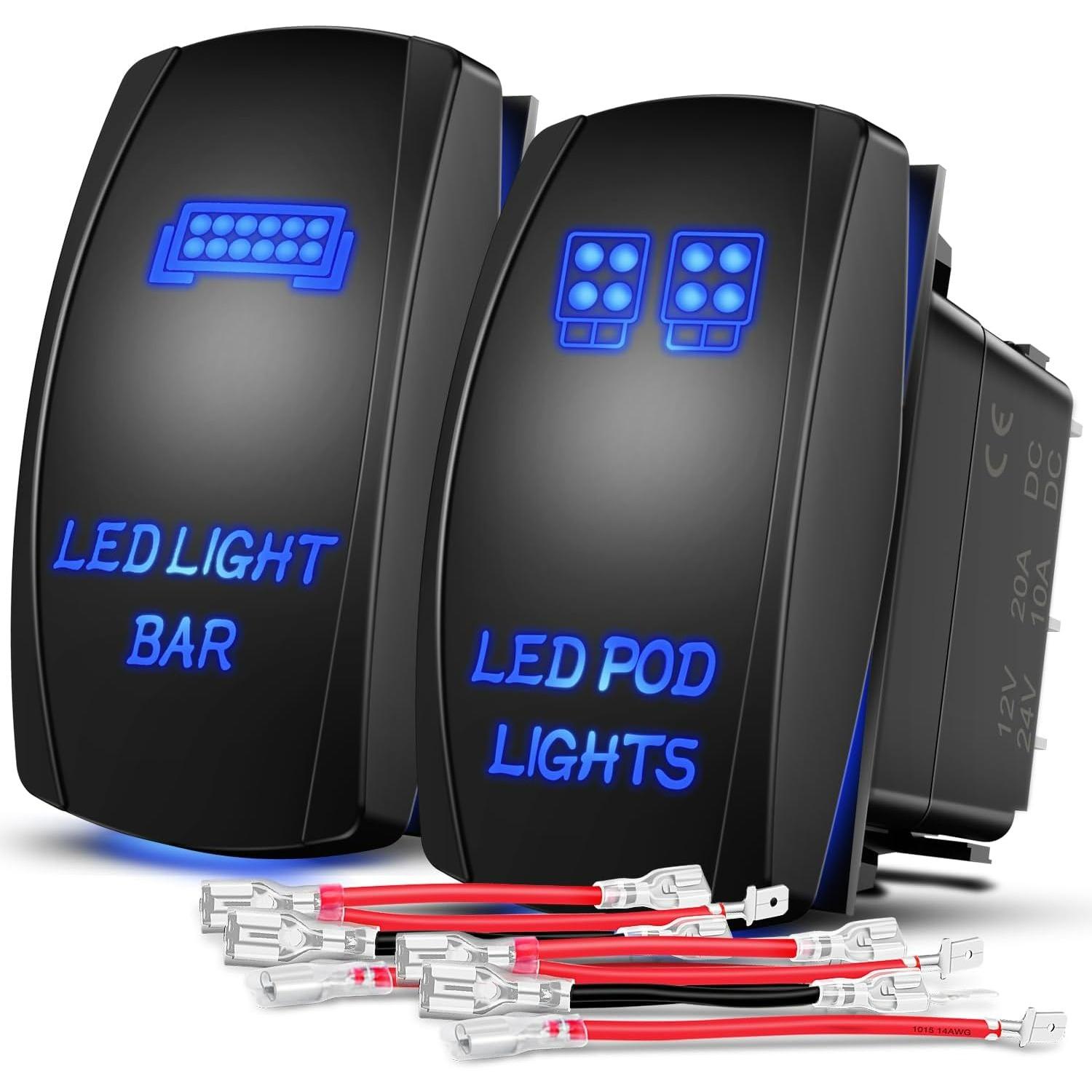 Nilight 2 Pack Led Pod Lights Rocker Switch Light Bar 5 Pin Laser On Off SPST Switches 20A/12V 10A/24V Blue with Jumper Wires Set for Cars Trucks RVs синий
