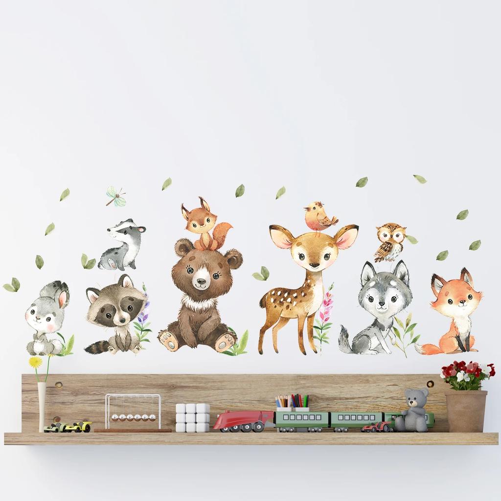 2PCS Cartoon Cute Brown Bear Deer Rabbit Animal Wall Stickers for Bedroom Living Room Nursery Decoration Wall Decals