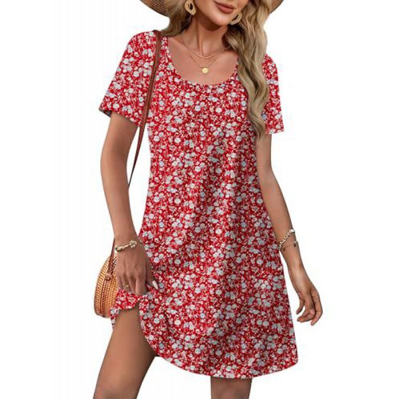 2026 Womens U-Neck Printed Midi Dress Casual Loose Fit Everyday Wear