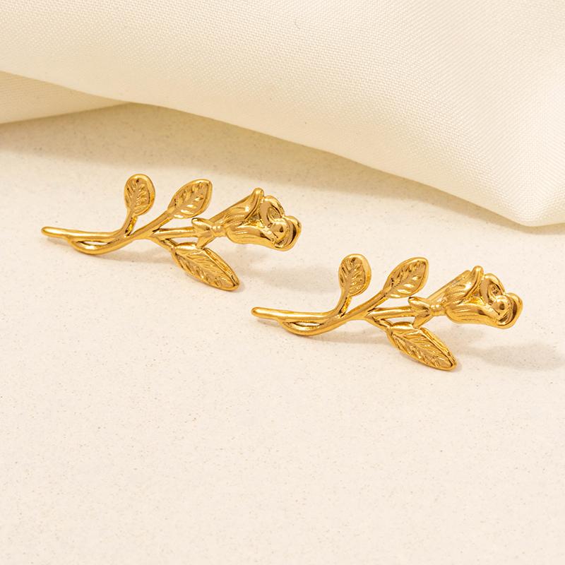 Elegant Plant Rose Flower Leaf Ear Studs For Women Men Accessories Real Gold Plated Stainless Steel Earrings Kpop Fashion Aretes