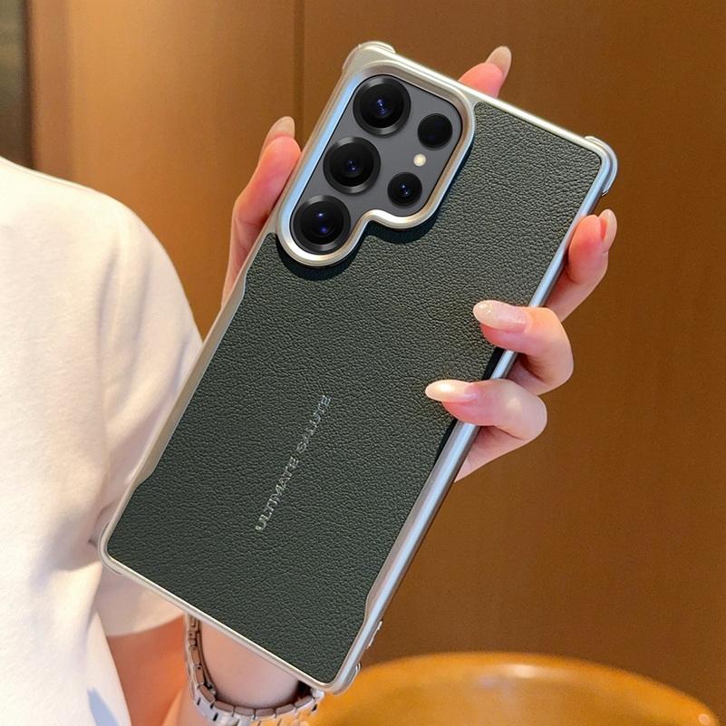Plain Leather Magnetic Silver Bezel Lens To Heighten Case For Samsung S25 Ultra Galaxy S25 + S25 Camera Protection Cover