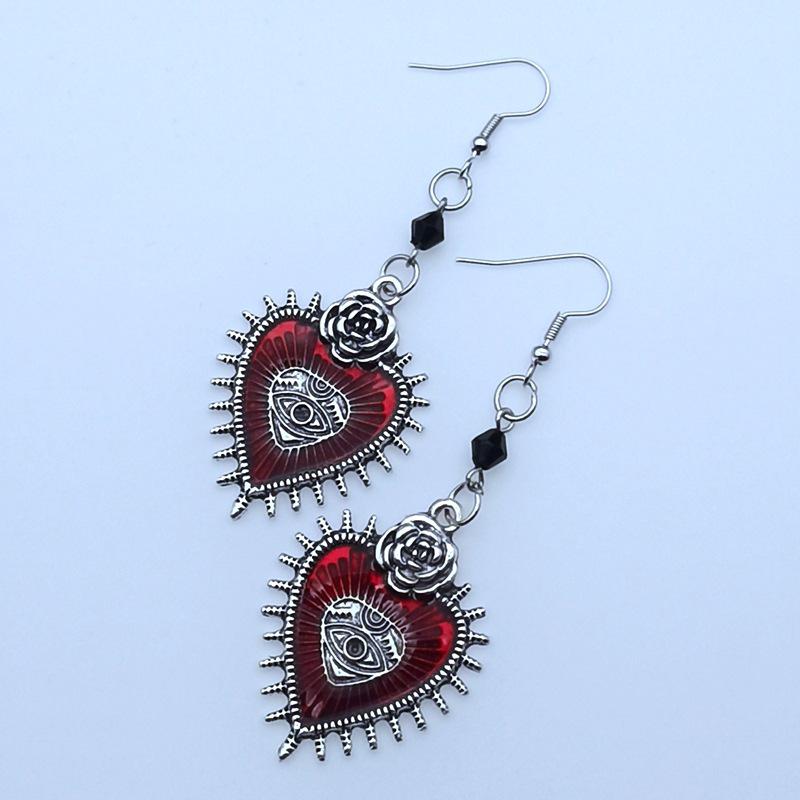 Gothic Punk Rose Heart Earrings with Blood-Colored Crystal Eye