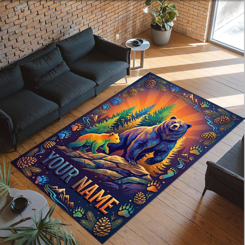 Teddy Bear Theme Crystal Velvet Rug Personalized Custom Name Text Soft Floor Mat Home Decor