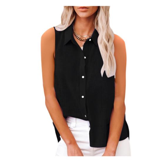

Women Shirt Lapel Sleeveless Button Down Shirt Pure Color Loose Fit Mid-length Blouse Breathable Summer Tops Office Workwear S чёрный