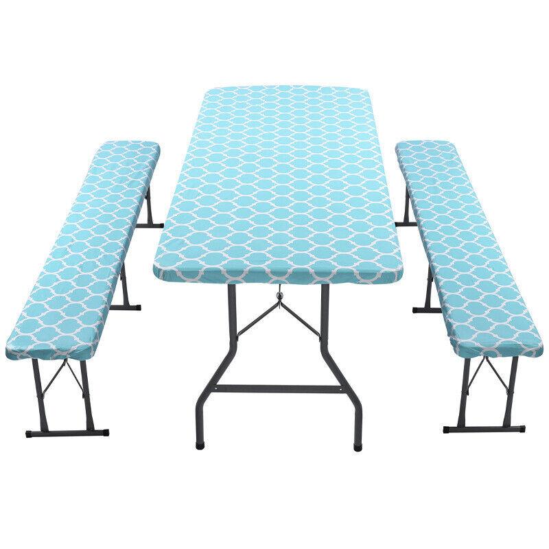 3pcs/set Picnic Table and Bench Fitted Elastic Waterproof Tablecloth Cover Decor Flannel Backing Vinyl Tablecloth For Picnic