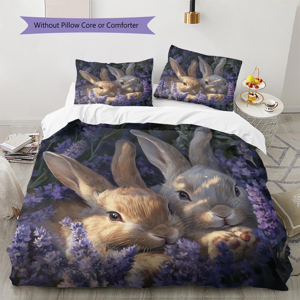 Kaninchen und Frische Blumen Muster Bettwäsche Heimdekoration Geburtstagsgeschenk (1 Bettbezug + 2 Kissenbezüge, ohne Füllung)