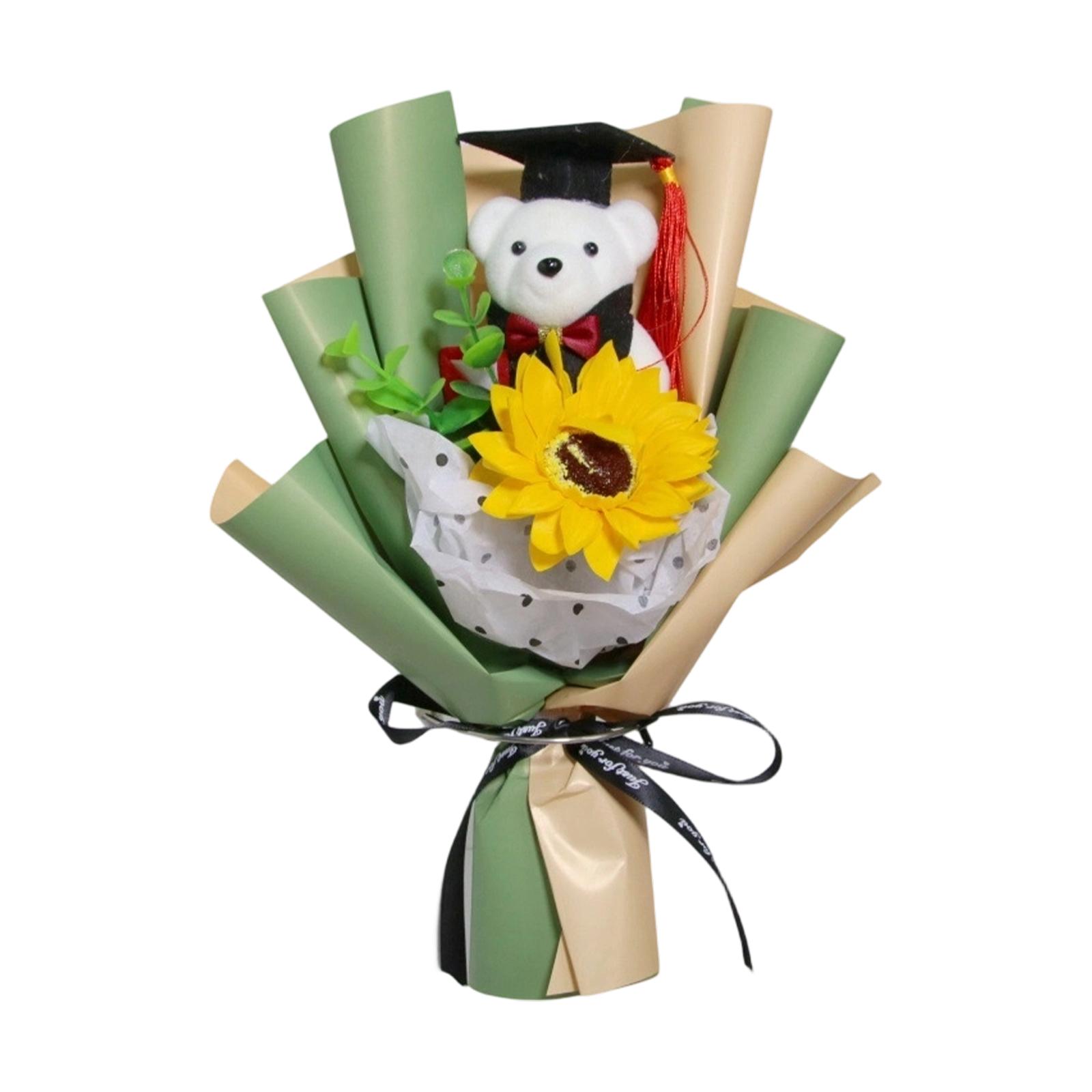 

Graduation Teddy Bear Bouquet with Plush Toy Wearing Academic Cap and Gown Holding Artificial Sunflower Wrapped in Decorative Paper for Celebration One Size зелёный