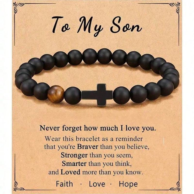 

Elastic Natural Stone Beaded Cross Bracelet For Dad Godfather Husband Brother Faith Love Hope Gifts