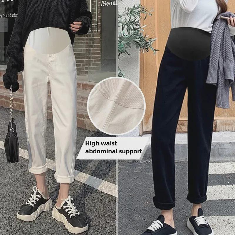 Blugi albi ocazional de maternitate - Suport pentru burtă de toamnă și jambiere largi pentru mămici