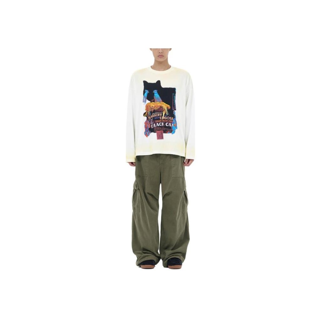 WE11DONE T-shirt Unisex Girocollo Manica Lunga con Fantasia Gatti FW23 Bianca WD-TT3-23-741-U-WH