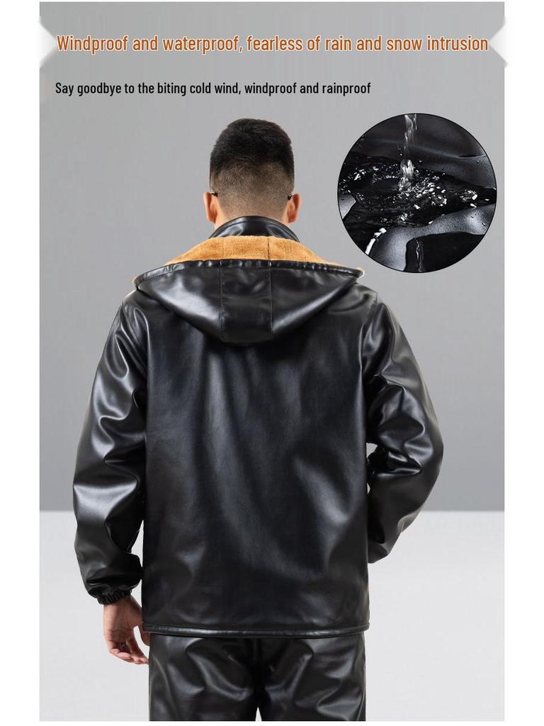 Leather Jacket and Pants Set: Fleece-Lined, Windproof, Waterproof, Oil-Resistant - Ideal for Drivers and Delivery Workers in Winter