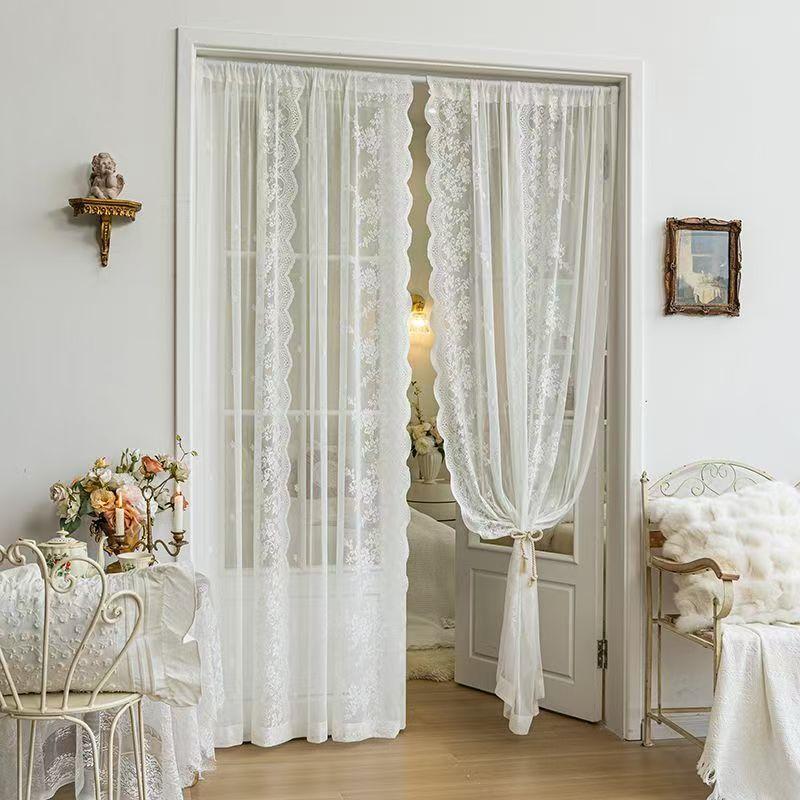 Vintage Lace Curtains  Romantic Semi Sheer Floral Lacy Curtain for Living Room, Elegant Window Drapes for Bedroom with Pearls