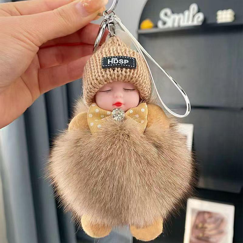 Cute Fluffy Plush Sleepy Doll Keychain For Women Bag Car Key Chain Kawaii Key Ring On Bag Car Trinket Pendant Gift