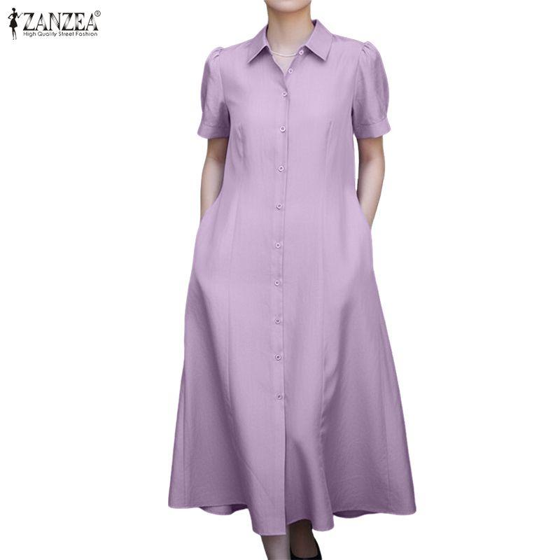 ZANZEA Women Casual Turn Down Collar Short Sleeve Summer Shirt Dress
