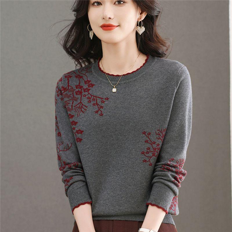Winter Women's Wool Sweater  Crew neck Printed Wool Sweater Soft Warm Knit Pullover