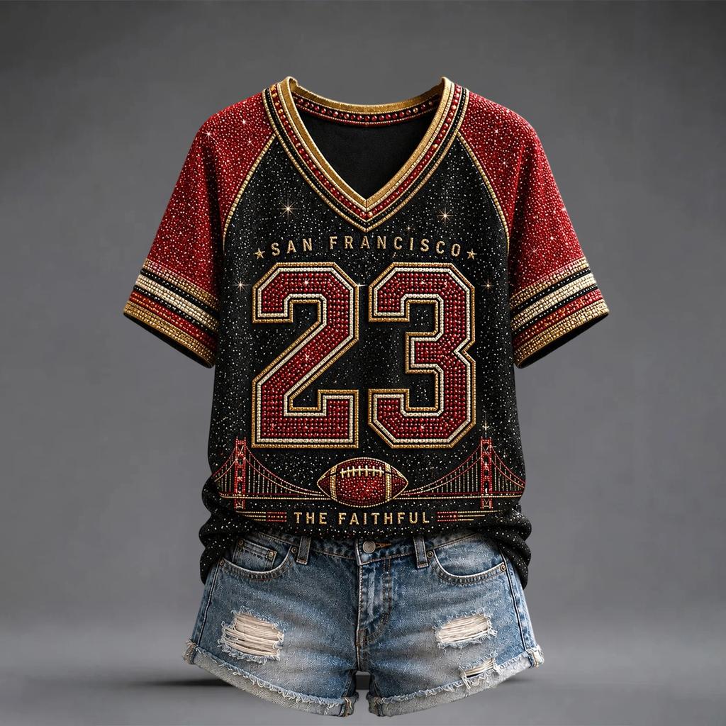 Damen Freizeit V-Ausschnitt Kurzarm T-Shirt mit Raglanärmeln und Rugby-Print