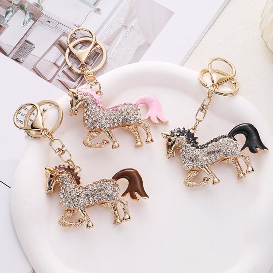 Keychain Pendant Chinese Style Rhinestones Inlaid 3D Chinese Zodiac Horse Design Key Chain Metal Charm Bags Keyring