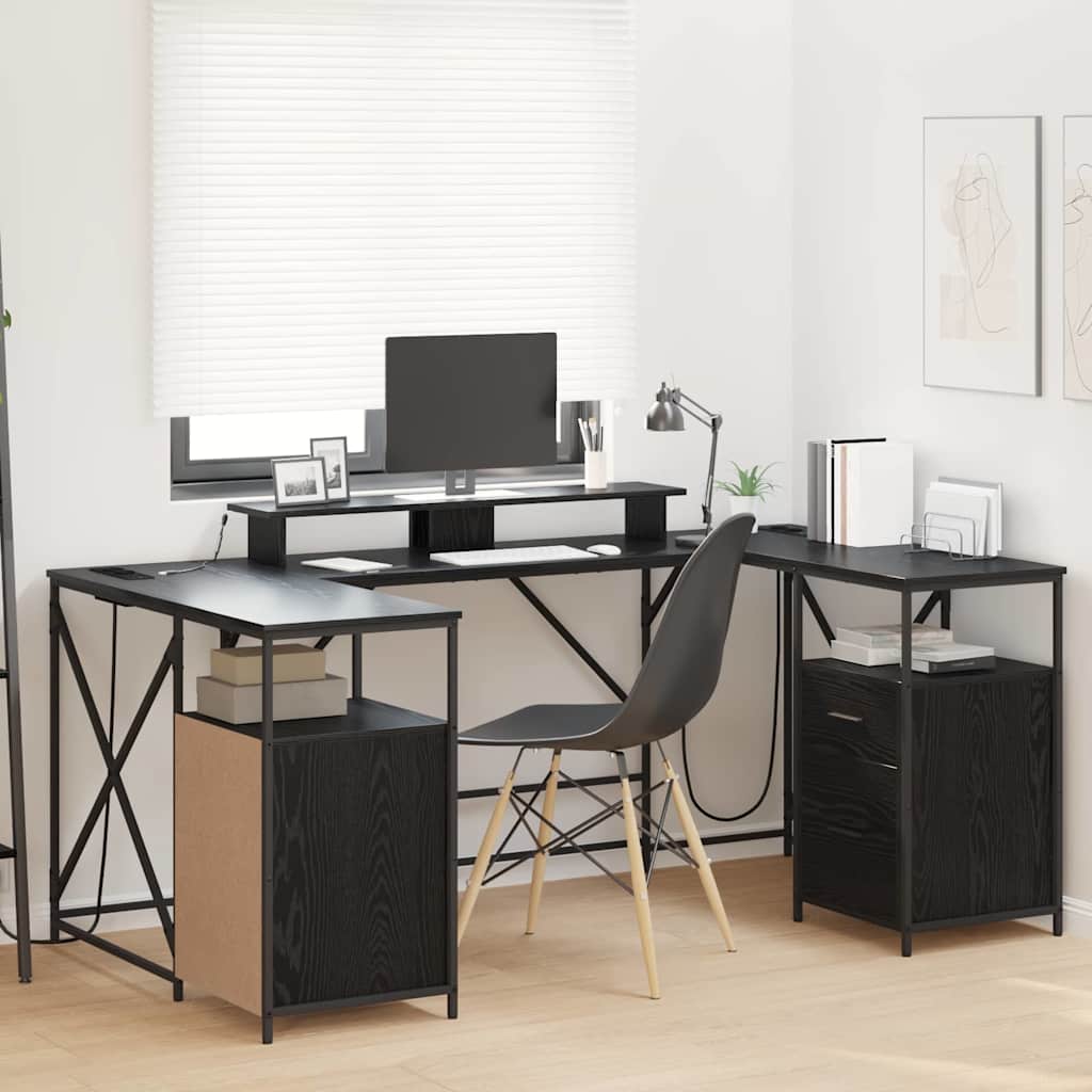 Desk with Shelf Black Oak Effect 182 x 101 x 87.5 cm