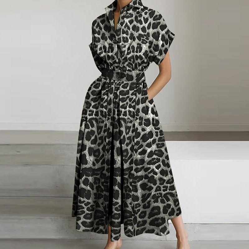 

ZANZEA Женское повседневное летнее платье с коротким рукавом и леопардовым принтом, с отложным воротником 5XL серый