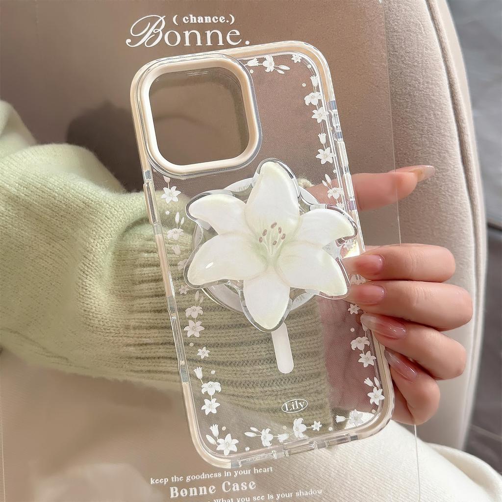 Lily Magnetic Suction Bracket 16pro Max Transparent IPhone 15 Mobile Phone Case Suitable for 13 Anti Fall Fresh 14
