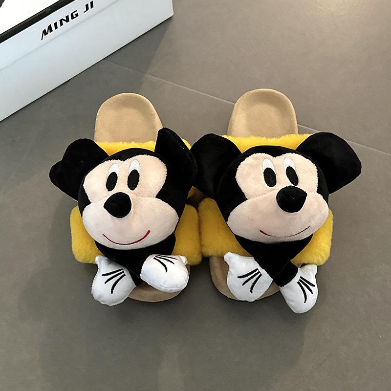 One-word Three-dimensional Mickey Thick-soled Fluffy Slippers Autumn and Winter Fashion Cartoon Outer Wear Warm Girls Half-towed Cotton Slippers