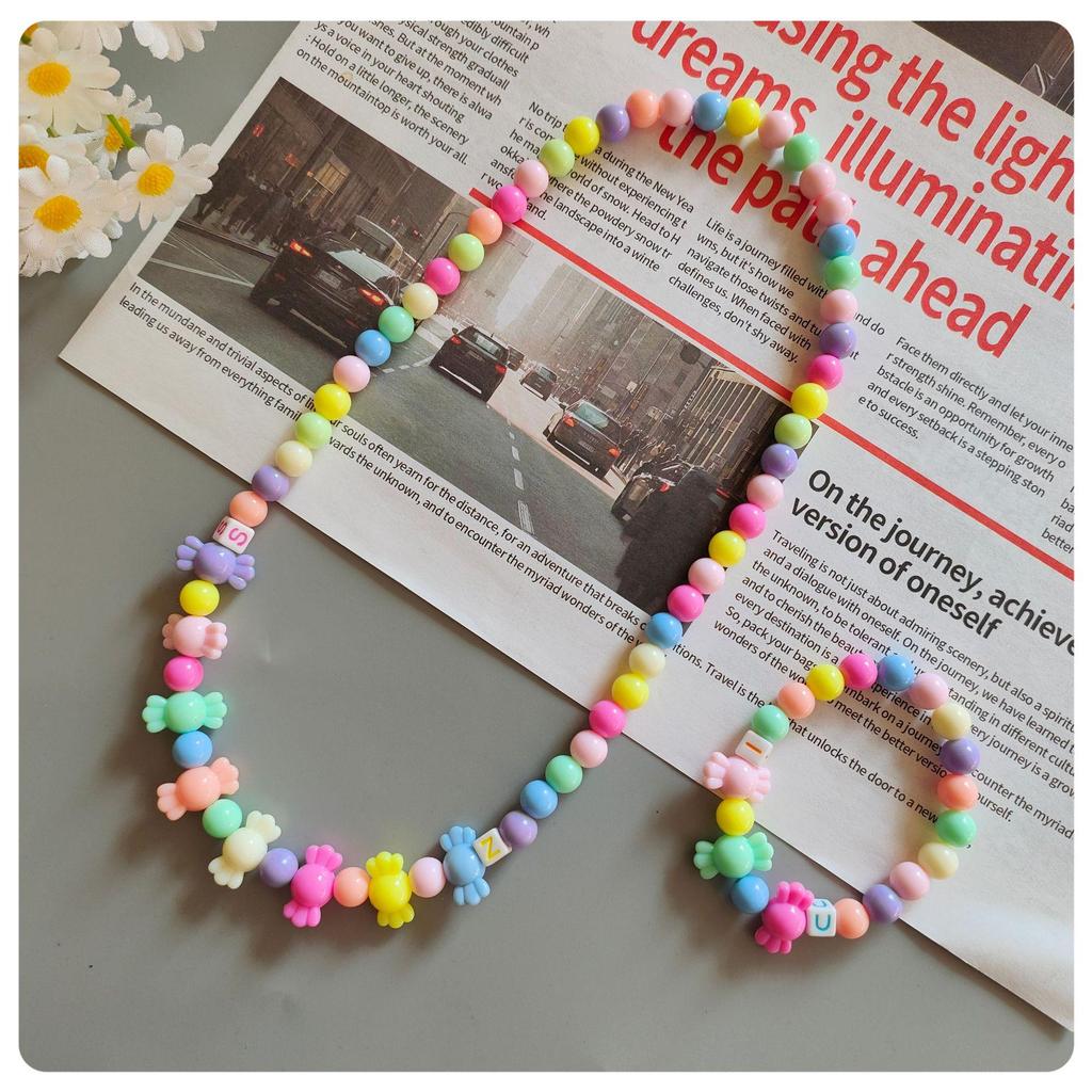 Korean Cartoon Kids' Candy Color Beaded Necklace & Bracelet Set with Flower Bowknot & Hanger
