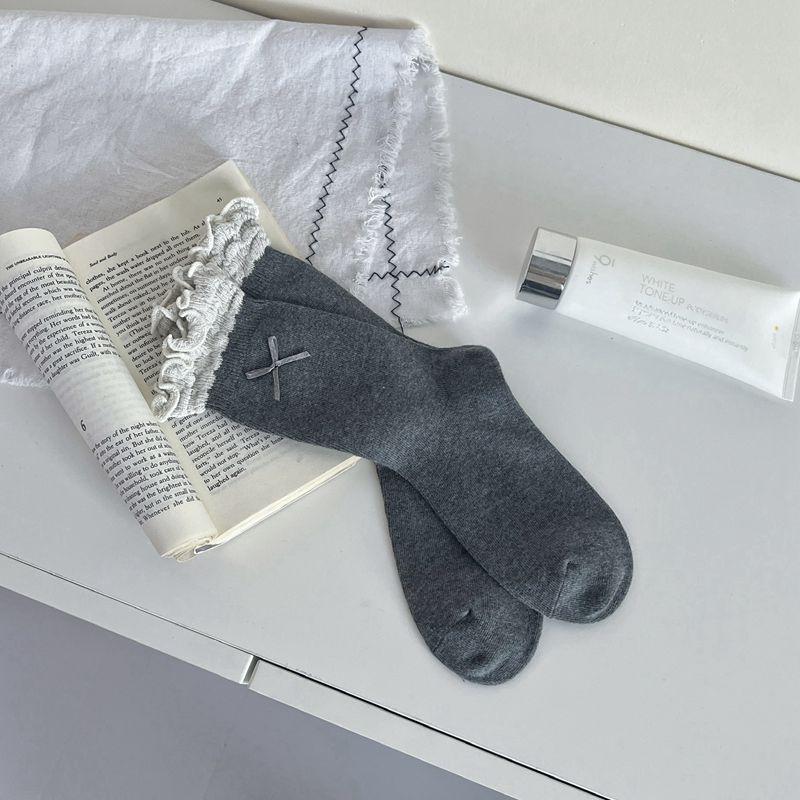 Girly Grey Japanese Lace-Trimmed Bowknot Scrunch Socks - Mid-Calf Student Style One Size