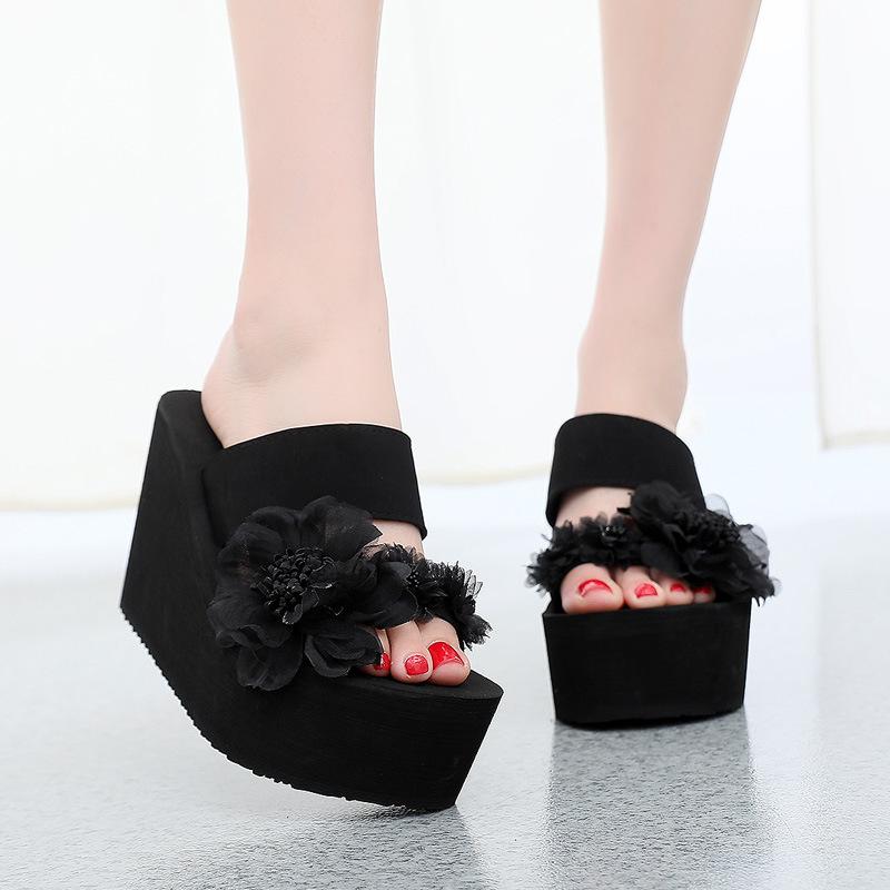 Women Slippers Summer Outside Travel Non Slip Cool High Heels Beach Sandals Flower Ladies Shoes Comfortable