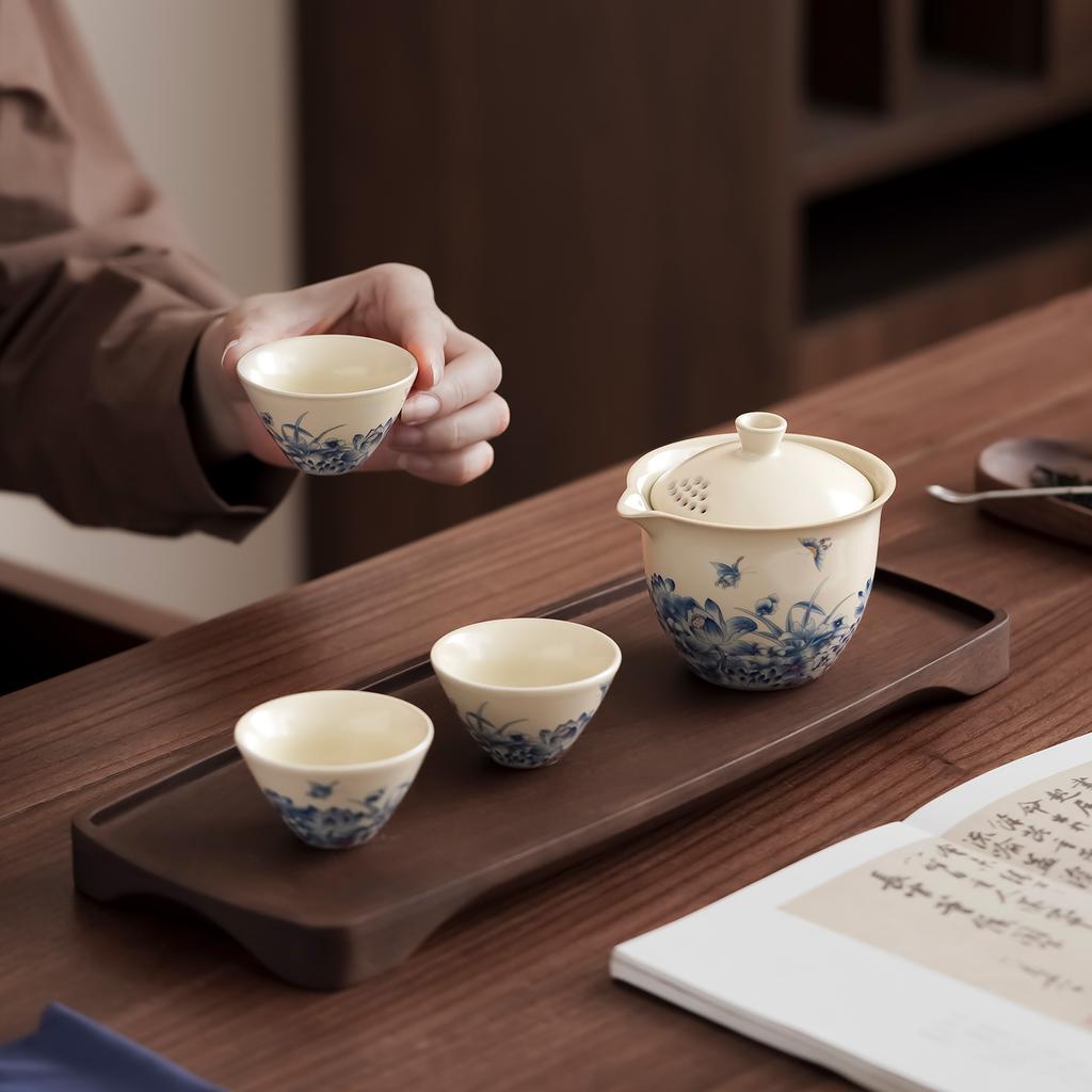 New Ru Kiln Kung Fu Tea Set Outdoor Travel Express Cup Three Cups Ceramic Cover Bowl Hand Grab Pot Making Tea Teacup