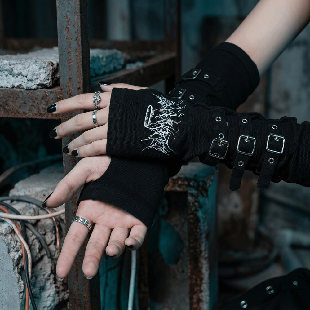 Thorns Pattern Letters Half Finger Arm Warmers Embroidered Design Sun Protection Gloves  Dance