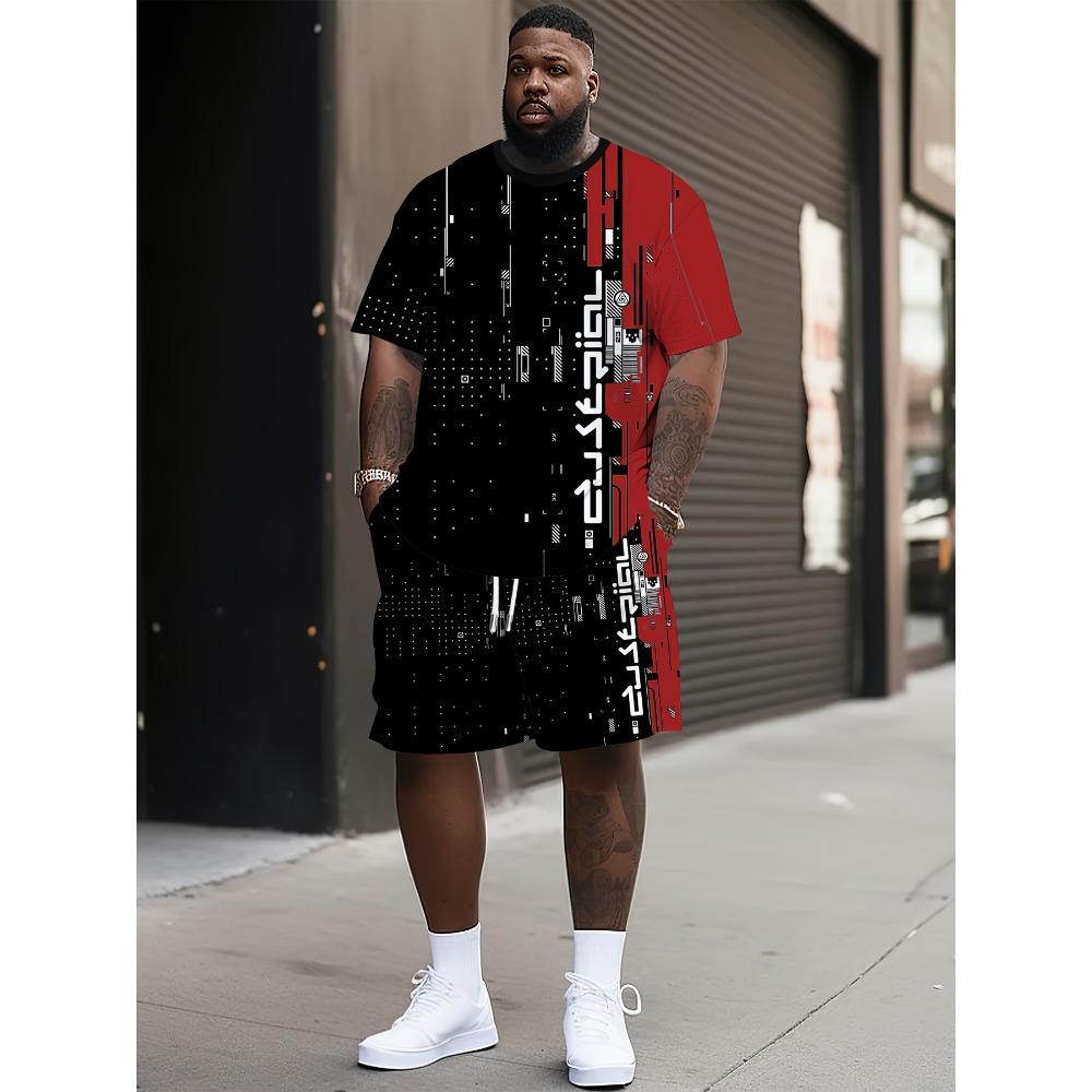 Large Size Men s Casual Sports Suit Breathable Outdoor Casual Men s T-shirt Shorts Suit Summer Printing Suit Male Adult, PLUS SIZE S