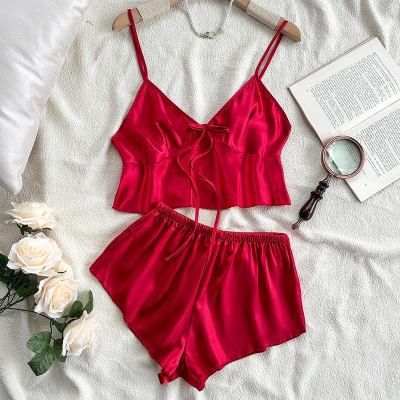 

European and American style new silk underwear sexy loungewear ice silk pajamas women s suspenders belly pocket shorts set XL червоний