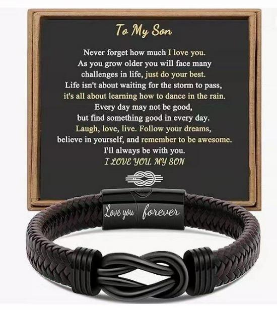 Men's Magnetic Black Twist Stainless Steel and Woven Leather Bracelet