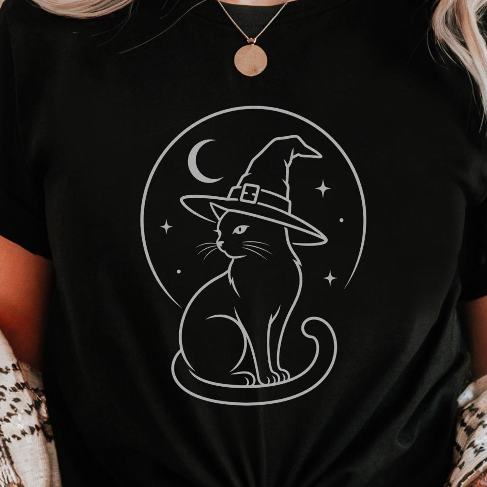 Minimalist Cat Familiar Shirt | Witch Cat with Hat | Crescent Moon Tee L