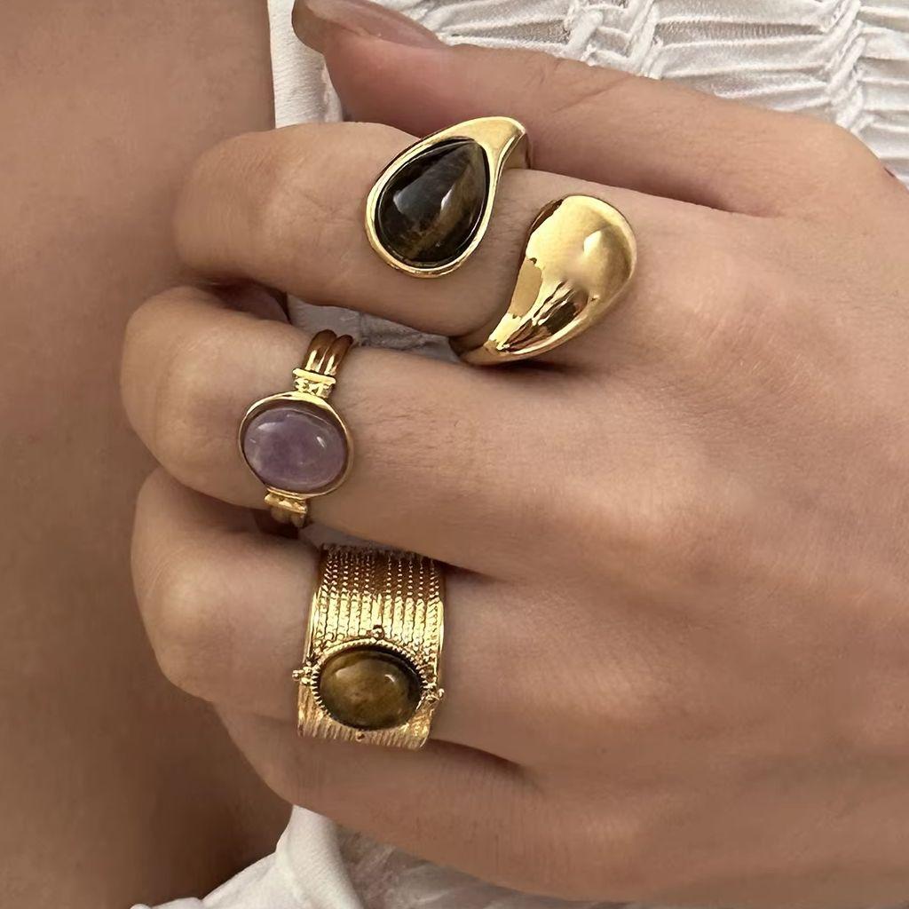 Retro Gold Color Irregular Metal Ring for Women Men Stainless Steel Natural Tiger Eye Opening Ring Aesthetic Dating Jewelry