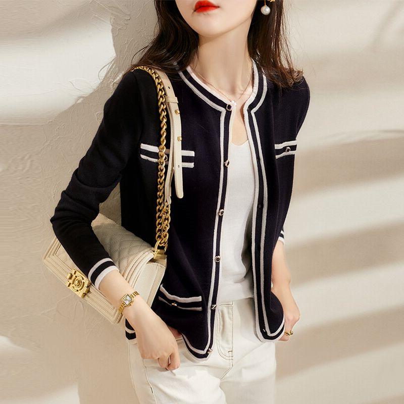 Jarní Podzimní Pletený Kardigan Svetrový Kabát Krátký Dámský s Dlouhým Rukávem