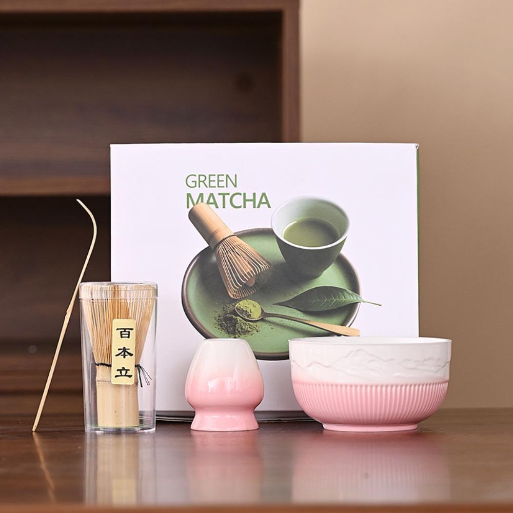 4pcs Ceramic Bamboo Japanese Matcha Tea Set Matcha Whisk Holder Reusable Matcha Whisk Set Food Grade Matcha Bowl