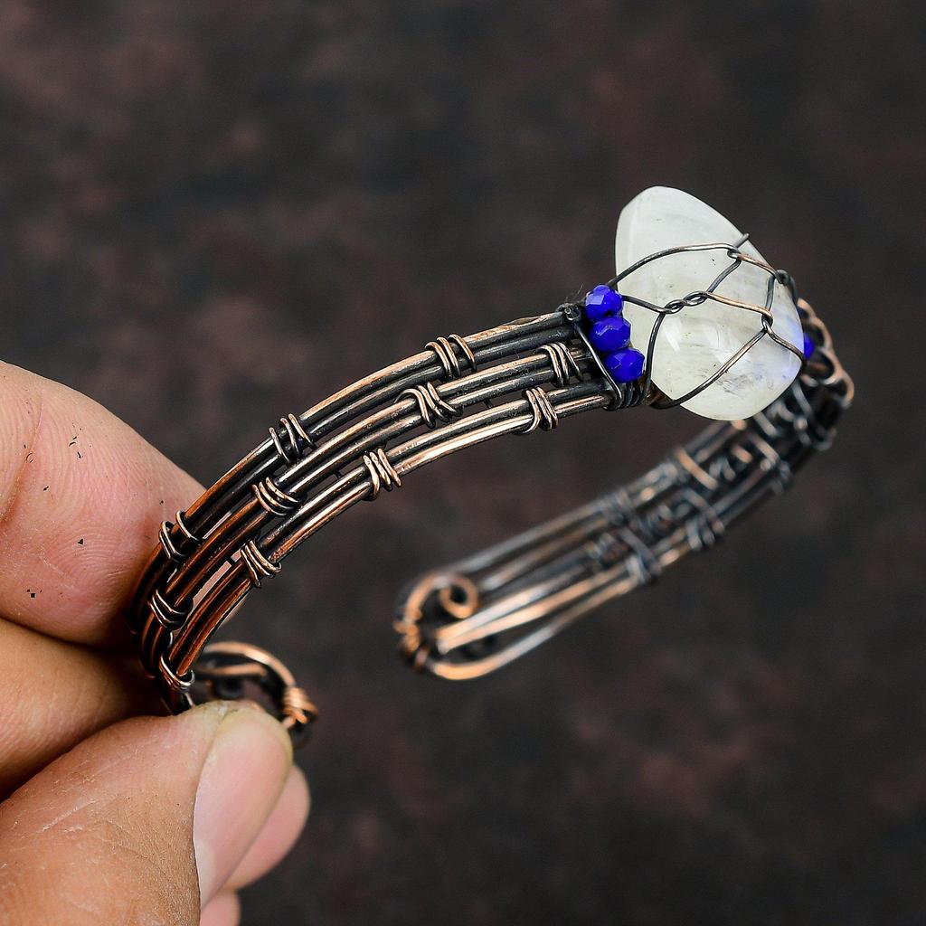 Rainbow Moonstone Cuff Bracelet Lapis Lazuli Beads Bracelet Copper Wire Wrapped Jewelry Adjustable Bracelet Handmade Bangle Gemstone Jewelry