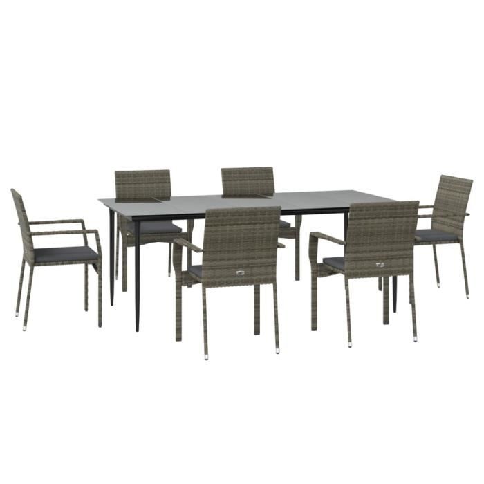 VidaXL Garden Dining Furniture and Cushions 7 Pcs Black and Grey Rattan 3185129