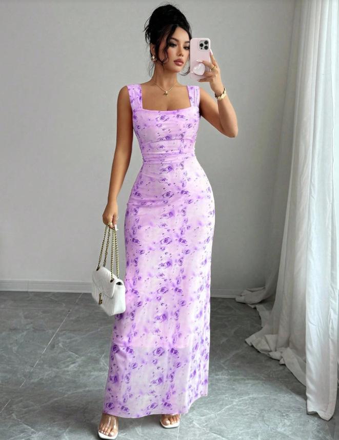 Cross-Border Floral Print Slim Fit Dress (Europe & America)