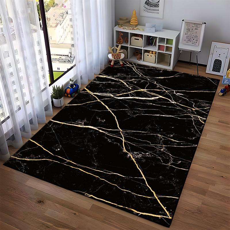 Black Marble Pattern Carpet with Gold Lines, Modern Living Room Rug Suitable for use as an anti-slip for living room bedroom sofas