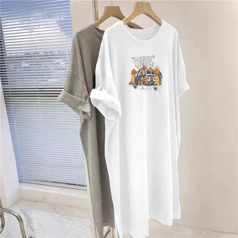 American Cartoon Print Casual Loose T-Shirt Dress, Short Sleeve, Round Neck, Slimming, Versatile for Summer.