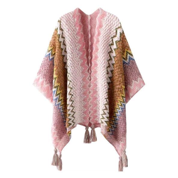 Shawl Wraps for Women Boho Knit Poncho Ladies Rainbow Casual Loose Striped Fringe Blanket Scarf